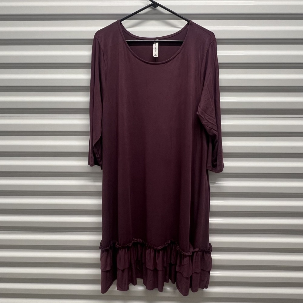 Zenana Outfitters 2X Plus Purple Tunic Dress 3/4 Sleeve Ruffle Hem VD-7044X